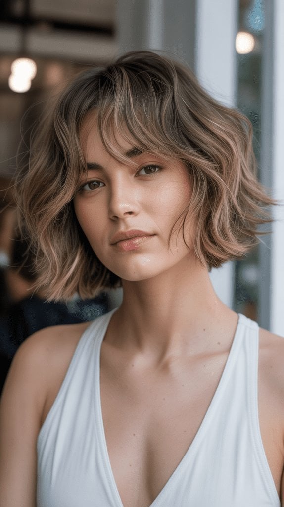 Ash Blonde Bob With Curtain Bangs and Wavy Blowout — Trendy Short Bob