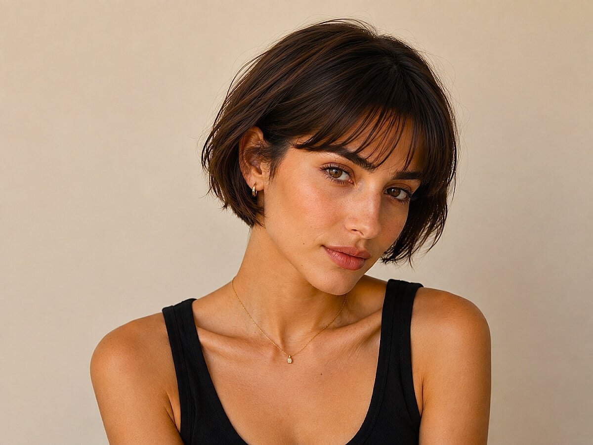 Classic Dark Brown Bob With Blunt Bangs — Trendy Short Bob