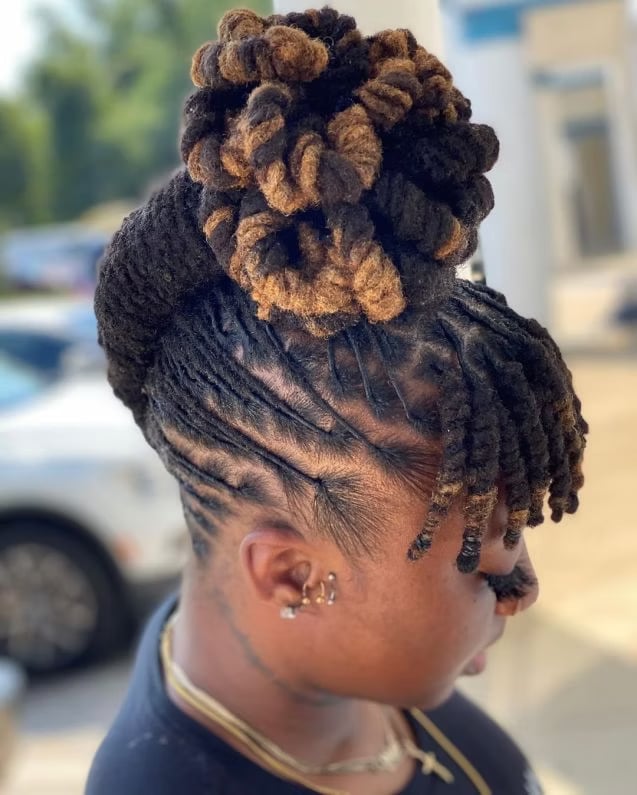 High Updo With Black and Brown Two-Tone Locs — Trendy Short Locs