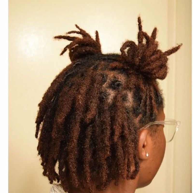 Dark Brown Locs In Two Small Buns — Trendy Short Locs