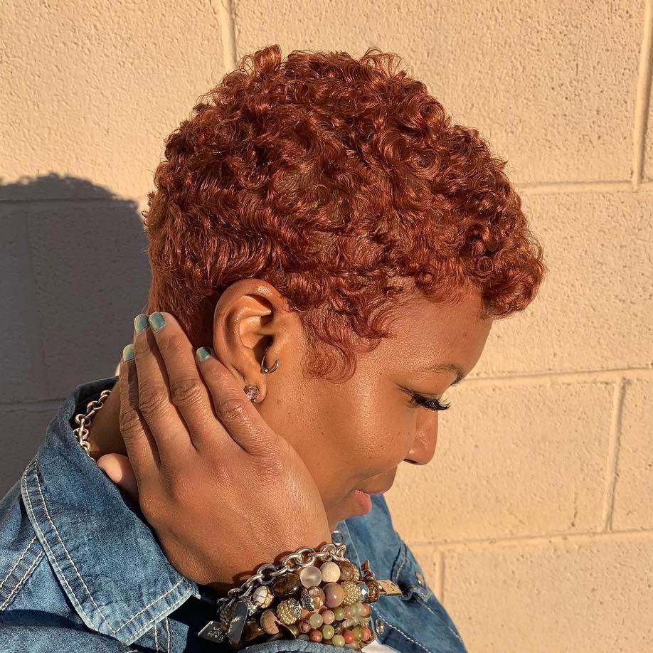 Pixie With Defined Curls And Reddish-Brown Hue Pixie With Defined Curls And Reddish-Brown Hue — Trendy Short Natural Hairstyles