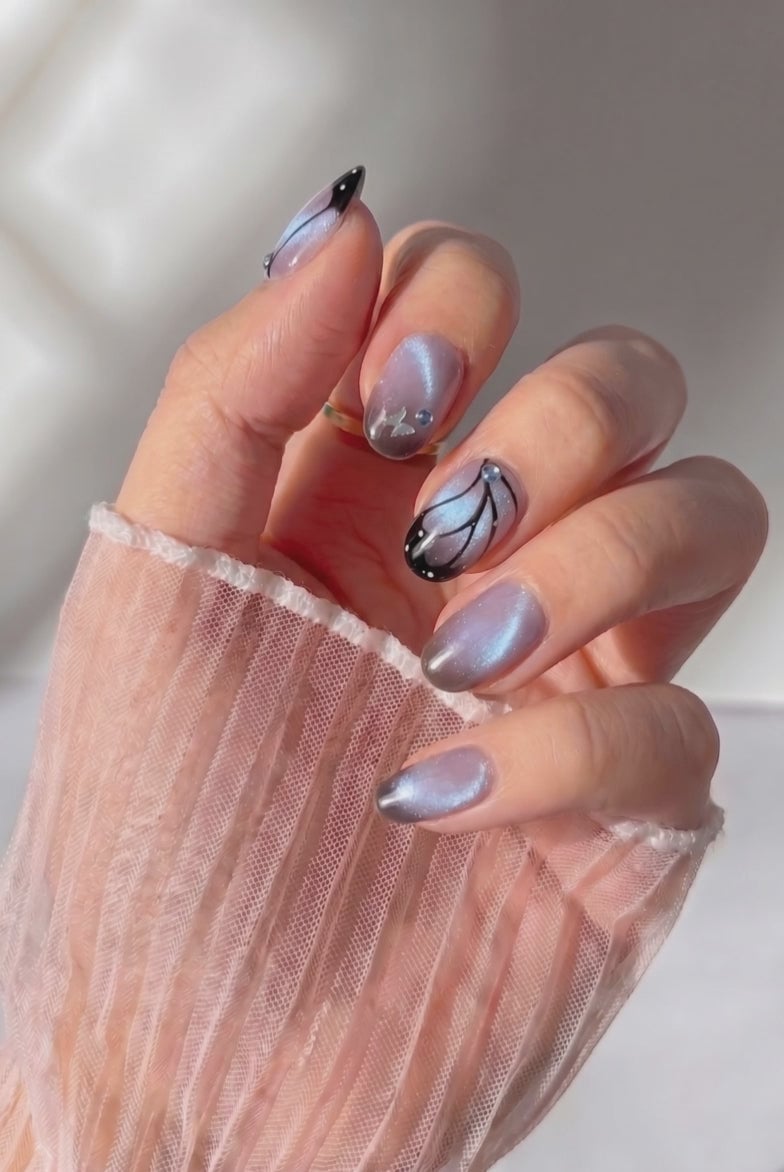 Lilac Grey Gradient Cat-Eye Feather Nails — Trendy Short Oval Nails