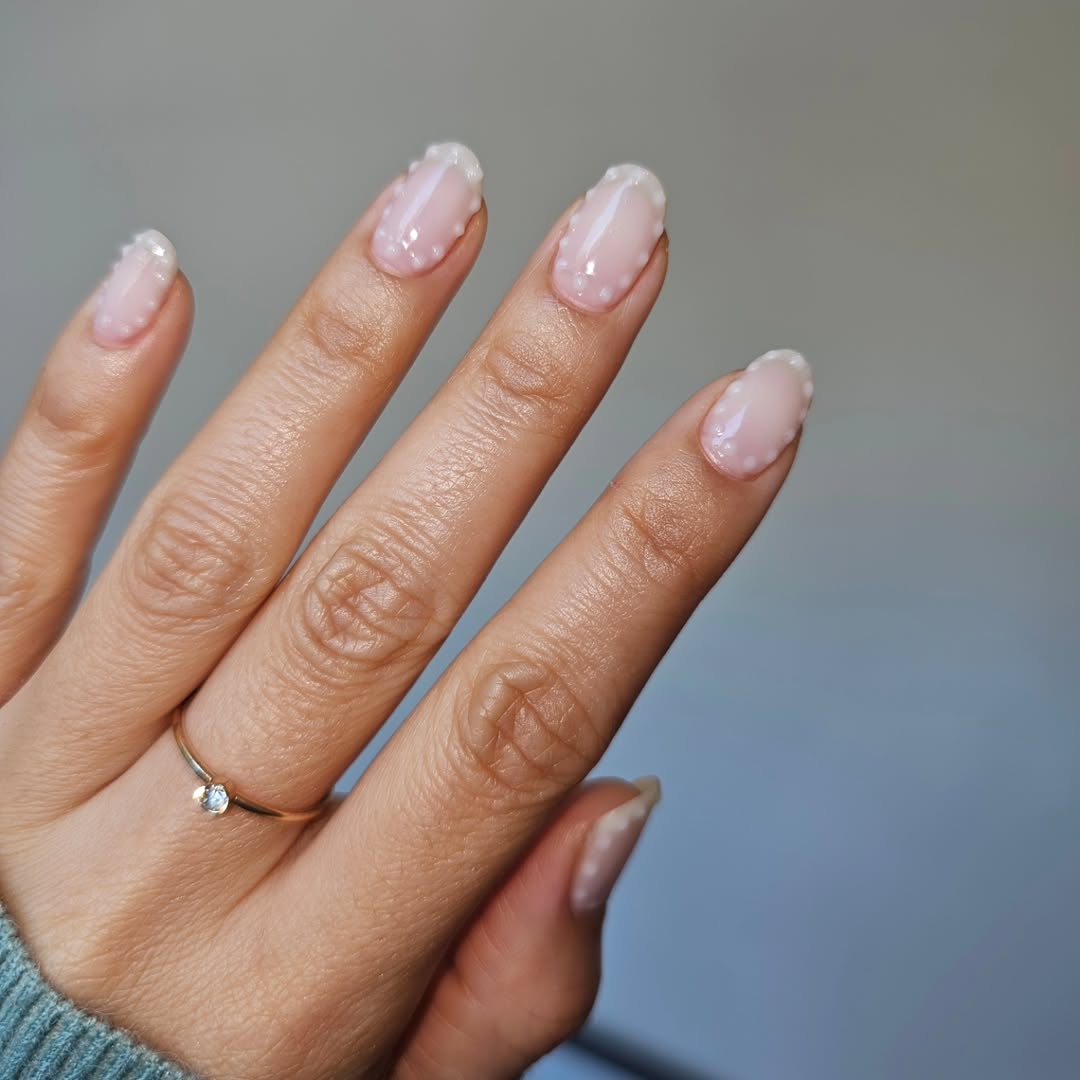 Wavy French White Dot Short Oval Nails — Trendy Short Oval Nails