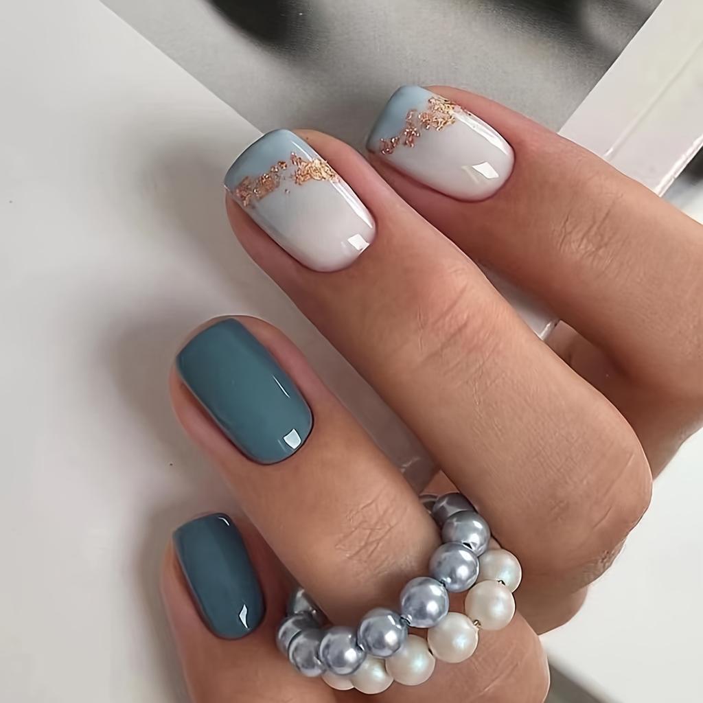 Blue And White Gradient With Gold Foil French Tips — Trendy Short Square Nails