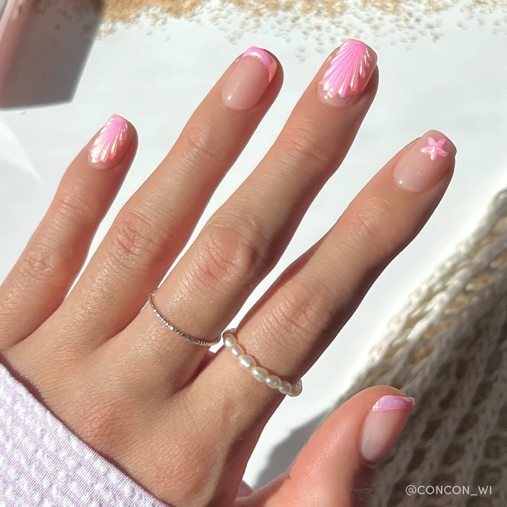 Seashell Design French Tips With Iridescent Sheen — Trendy Short Square Nails