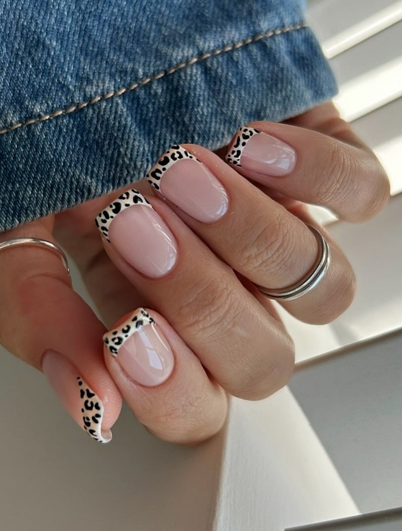 Sheer Pink With Leopard Print French Tips — Trendy Short Square Nails