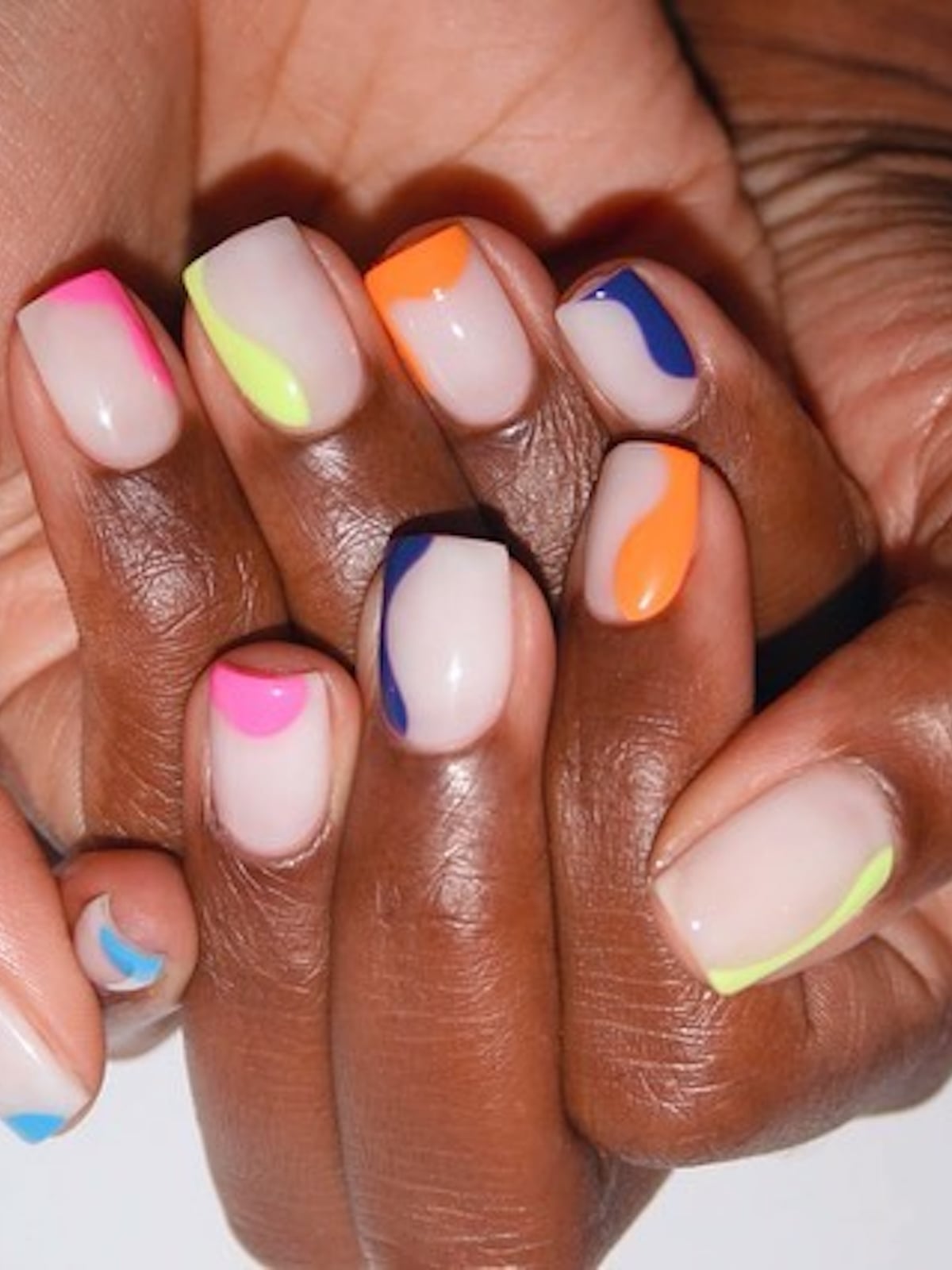 Nude Base With Neon Abstract Color Block Tips — Trendy Short Square Nails