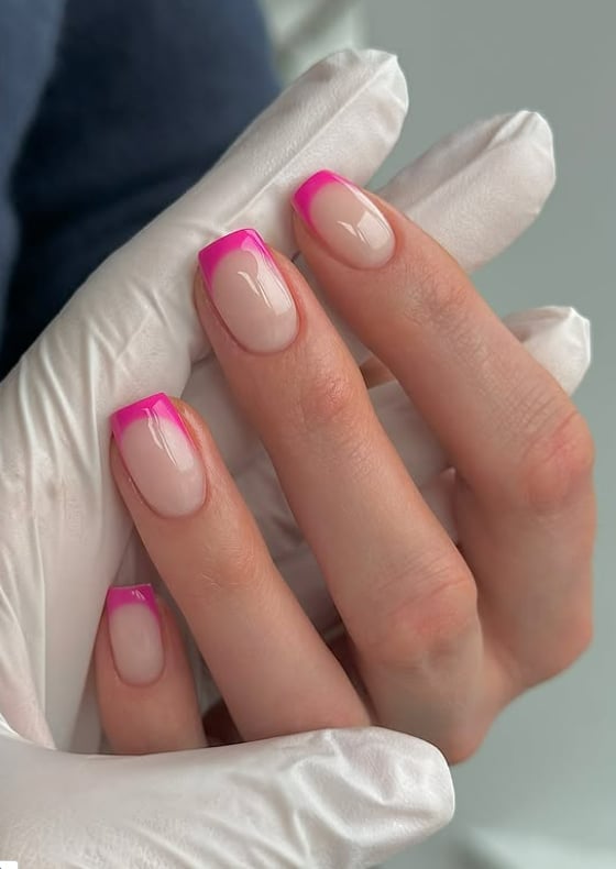 Sheer Pink With Vibrant Hot Pink French Tips — Trendy Short Square Nails