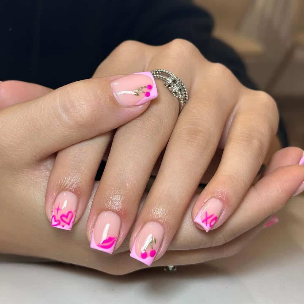 Pink French Tips With Playful Motifs — Trendy Short Square Nails