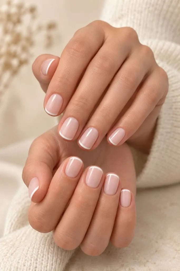 Sheer Pink Base With Classic White French Tips — Trendy Short Square Nails