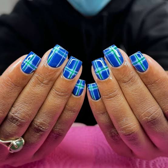 Blue And Green Plaid Pattern Short Square Nails — Trendy Short Square Nails