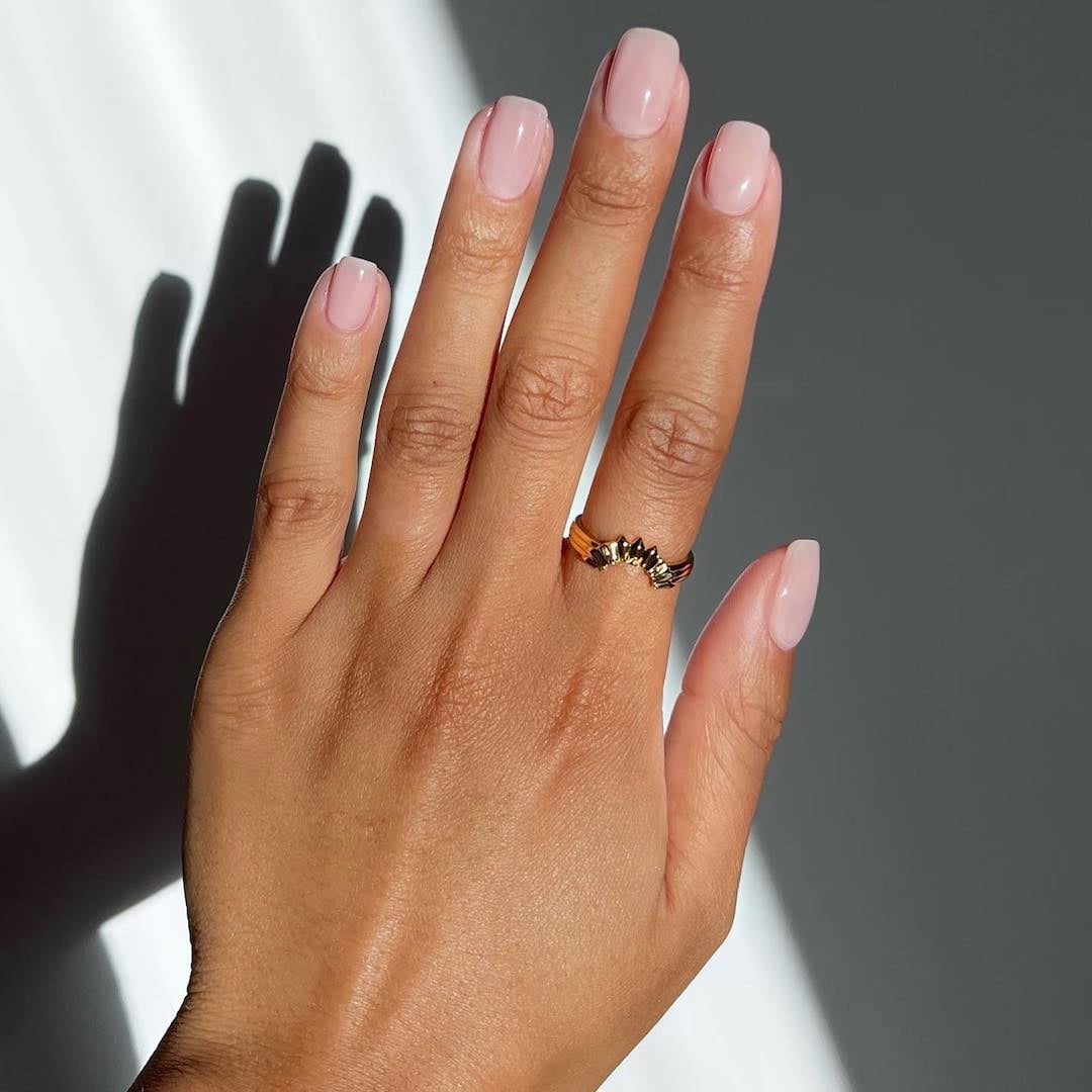 Sheer Pink With Fine Gold Glitter French Tips — Trendy Short Square Nails