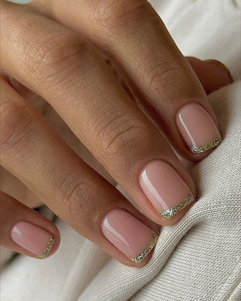 Sheer Pink With Silver Glitter French Tips, Close-Up Take — Trendy Short Square Nails