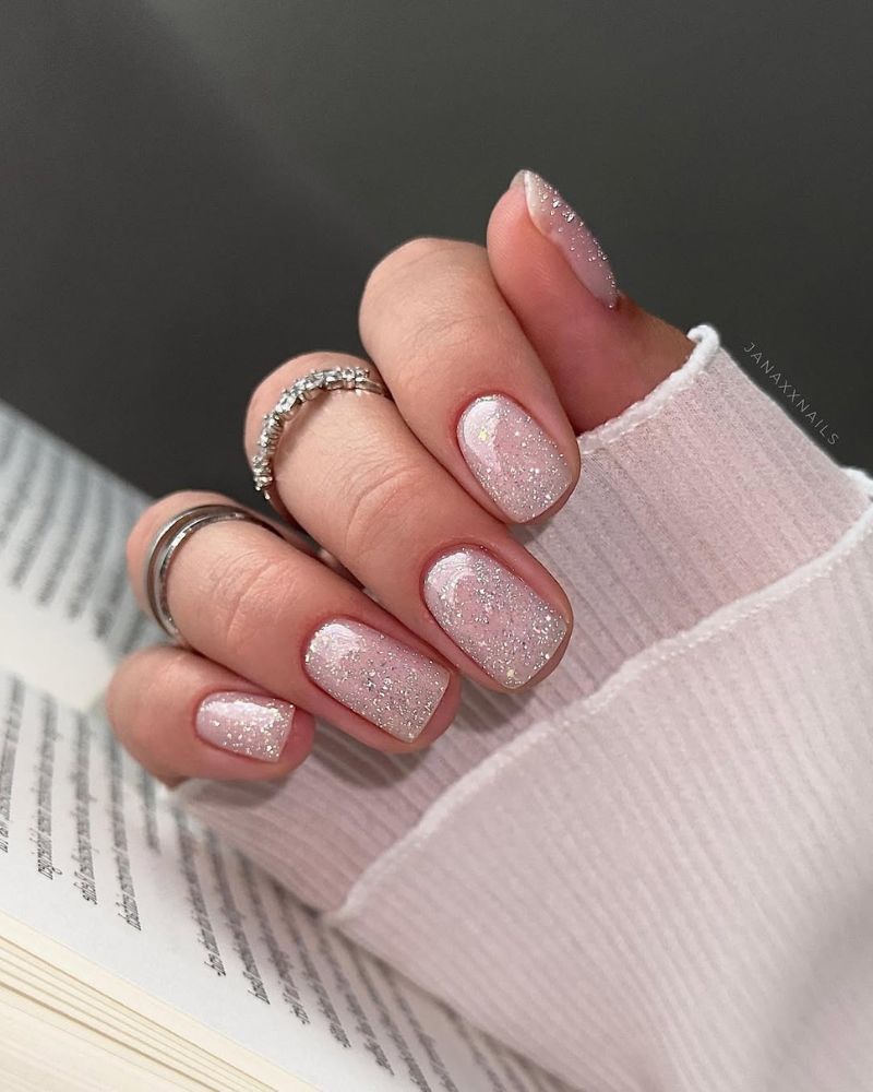 Sheer Pink With All-Over Silver Glitter — Trendy Short Square Nails