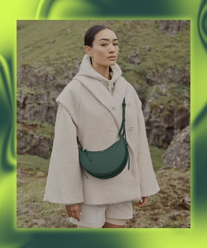 Green Crescent Bag With Textured Coat Green Crescent Bag With Textured Coat — Trendy Shoulder Bag Outfits