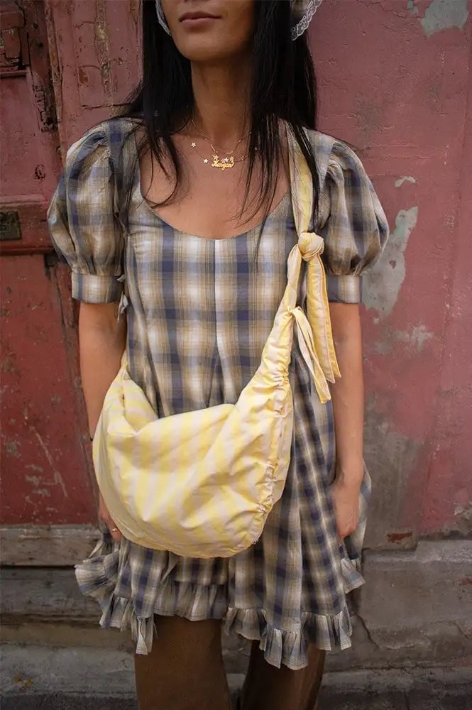 Yellow Gingham Bag With Plaid Dress Yellow Gingham Bag With Plaid Dress — Trendy Shoulder Bag Outfits