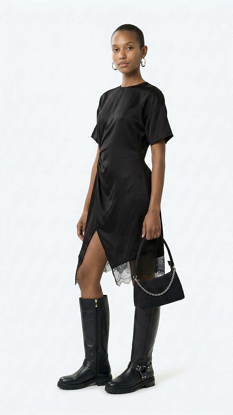 Black Chain Bag With Asymmetrical Dress Black Chain Bag With Asymmetrical Dress — Trendy Shoulder Bag Outfits