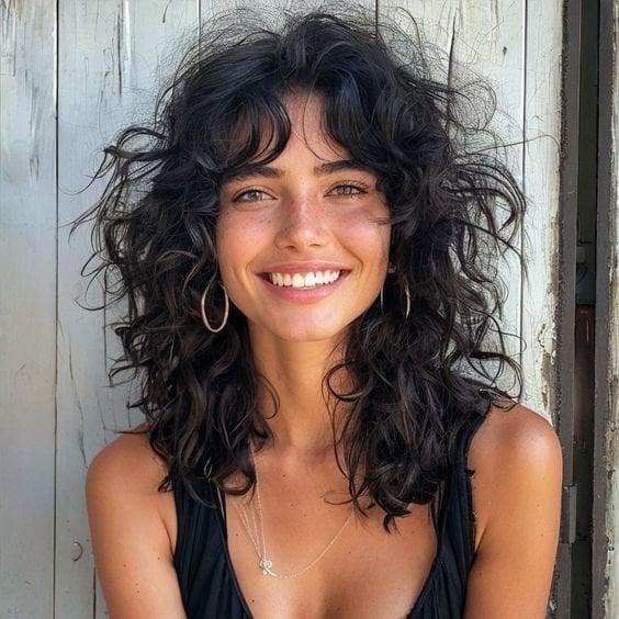 Mid-Back Shag With Full Bangs And Volume — Trendy Shoulder Length Curly Hair