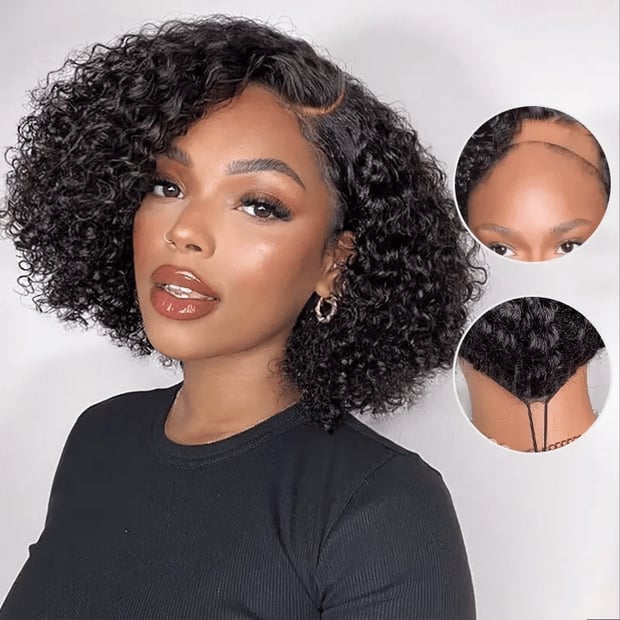 Collarbone Black Curly Bob With Side-Swept Bangs Collarbone Black Curly Bob With Side-Swept Bangs — Trendy Side Part Wig