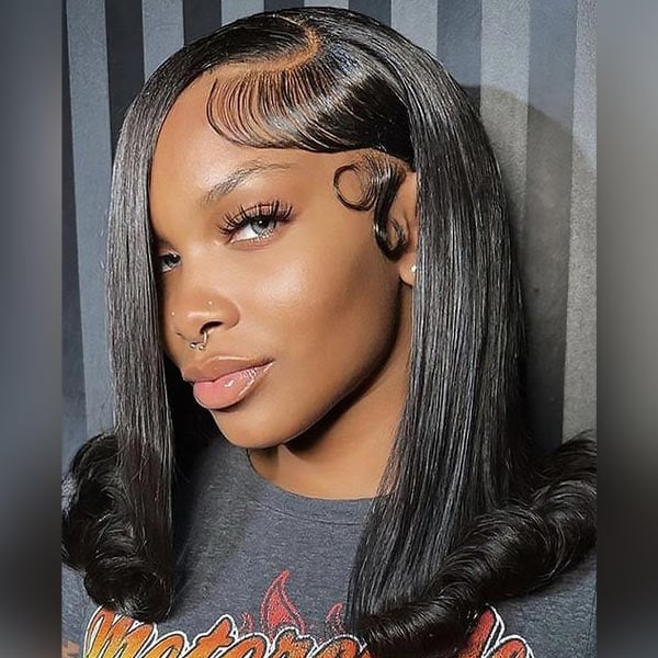 Collarbone Black Bob With Flipped Ends and Baby Hairs Collarbone Black Bob With Flipped Ends and Baby Hairs — Trendy Side Part Wig