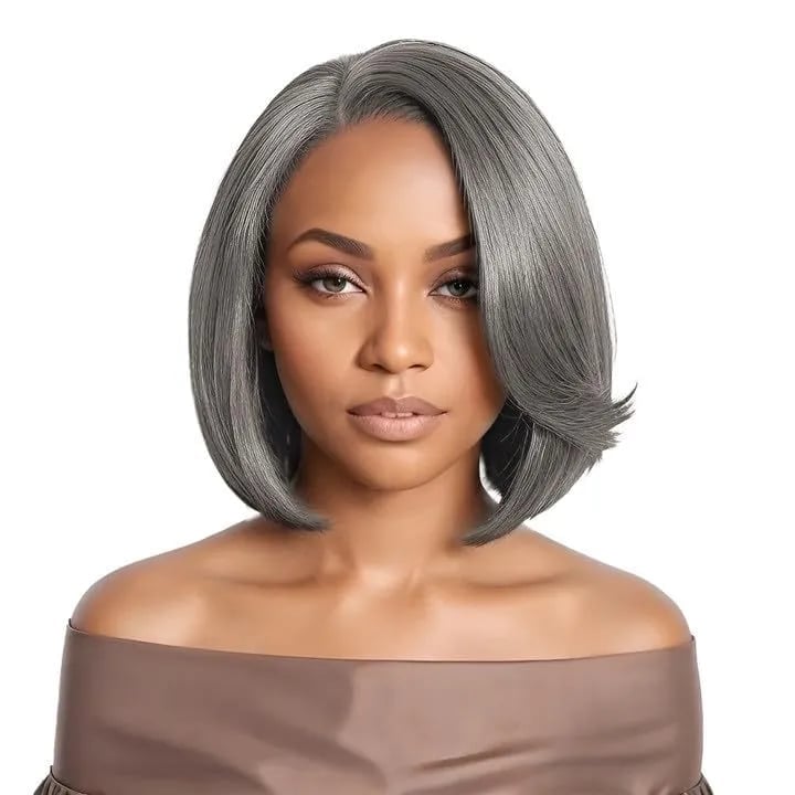 Collarbone Grey Bob With Face-Framing Layers Collarbone Grey Bob With Face-Framing Layers — Trendy Side Part Wig