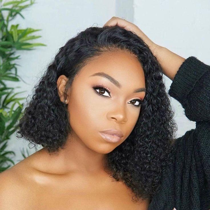 Chin Length Black Kinky Curly Bob Chin Length Black Kinky Curly Bob — Trendy Side Part Wig