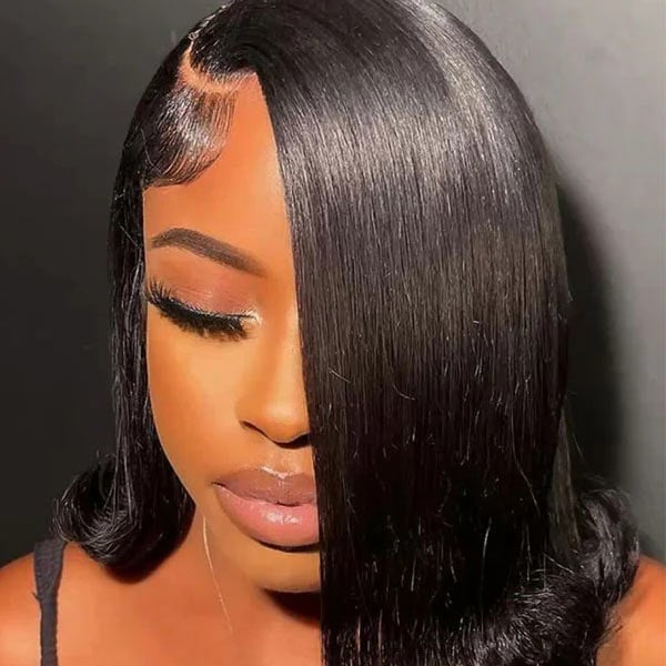 Chin Length Black Bob With Flipped Ends Chin Length Black Bob With Flipped Ends — Trendy Side Part Wig
