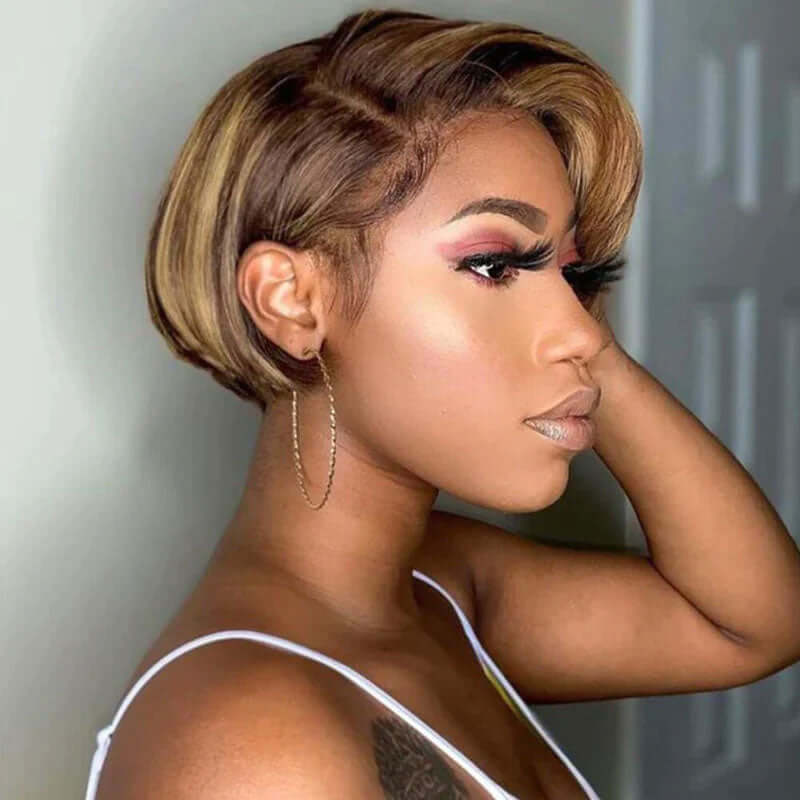 Textured Pixie Cut With Blonde Piano Highlights Textured Pixie Cut With Blonde Piano Highlights — Trendy Side Part Wig