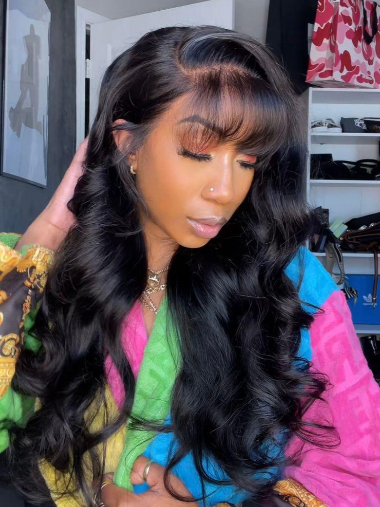 Mid-Back Dark Brown Loose Waves With Air Bangs Mid-Back Dark Brown Loose Waves With Air Bangs — Trendy Side Part Wig