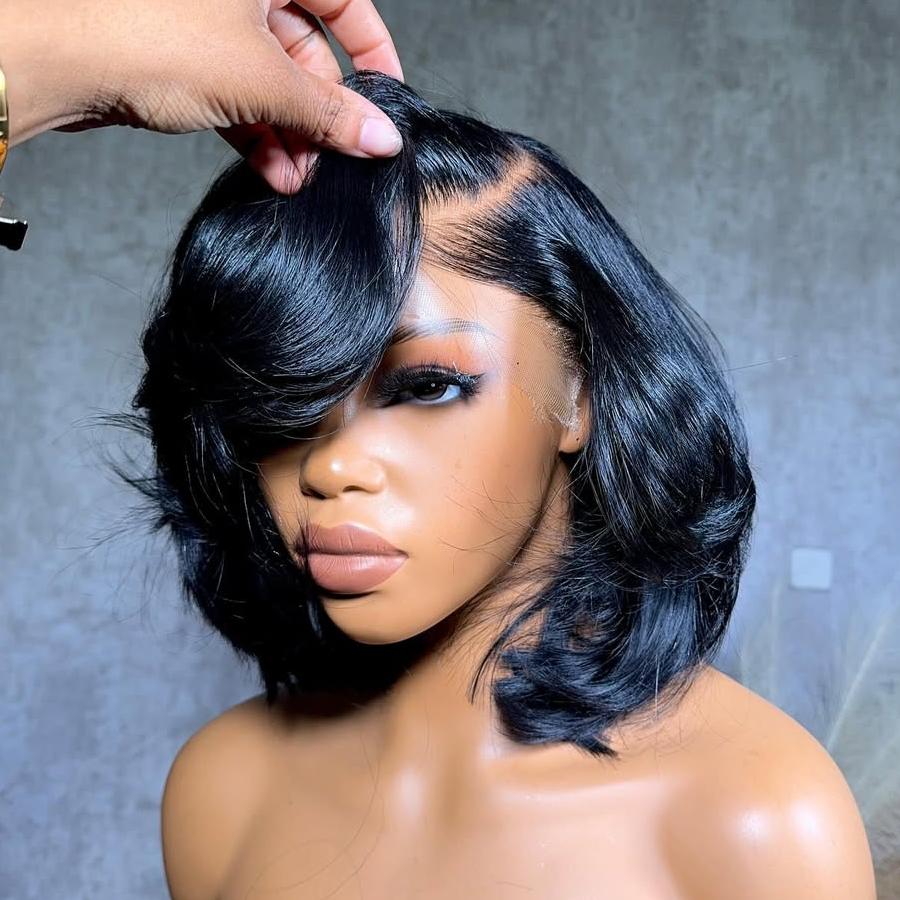 Chin Length Black Bob With Side-Swept Bangs Chin Length Black Bob With Side-Swept Bangs — Trendy Side Part Wig
