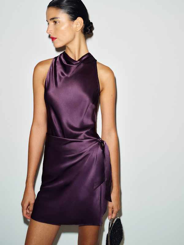 Deep Purple Satin Mini Dress with Cowl Neck and Tie Waist — Trendy Silk Dresses Outfit