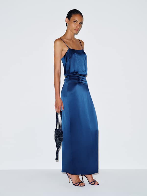 Royal Blue Satin Maxi Dress with Ruched Waist and Heeled Sandals — Trendy Silk Dresses Outfit