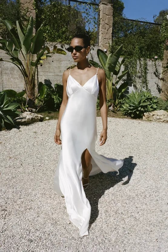White Silk Satin Slip Dress with High Slit, Close-Up Take — Trendy Silk Dresses Outfit