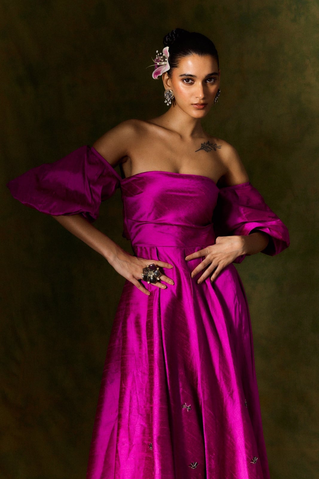 Magenta Silk Top and Skirt with Puffy Sleeves, Close-Up Take — Trendy Silk Dresses Outfit