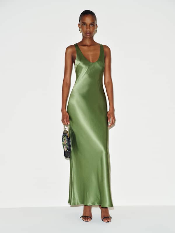 Light Green Satin Maxi Dress with Heeled Sandals — Trendy Silk Dresses Outfit