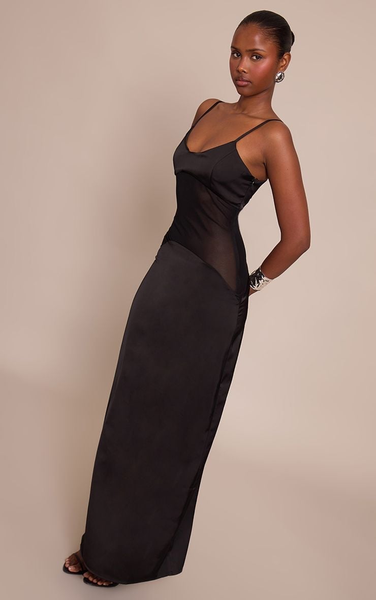 Black Satin Slip Dress with Sheer Side Panel and Silver Bracelet — Trendy Silk Dresses Outfit