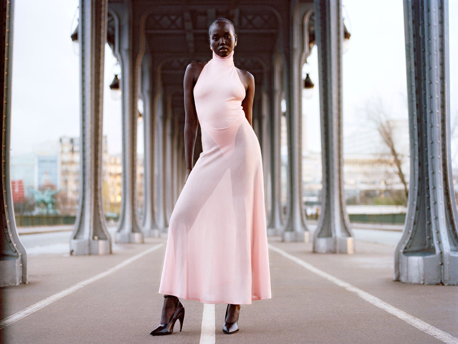 Pale Pink Silk Halter Neck Maxi Dress with Fitted Silhouette — Trendy Silk Dresses Outfit