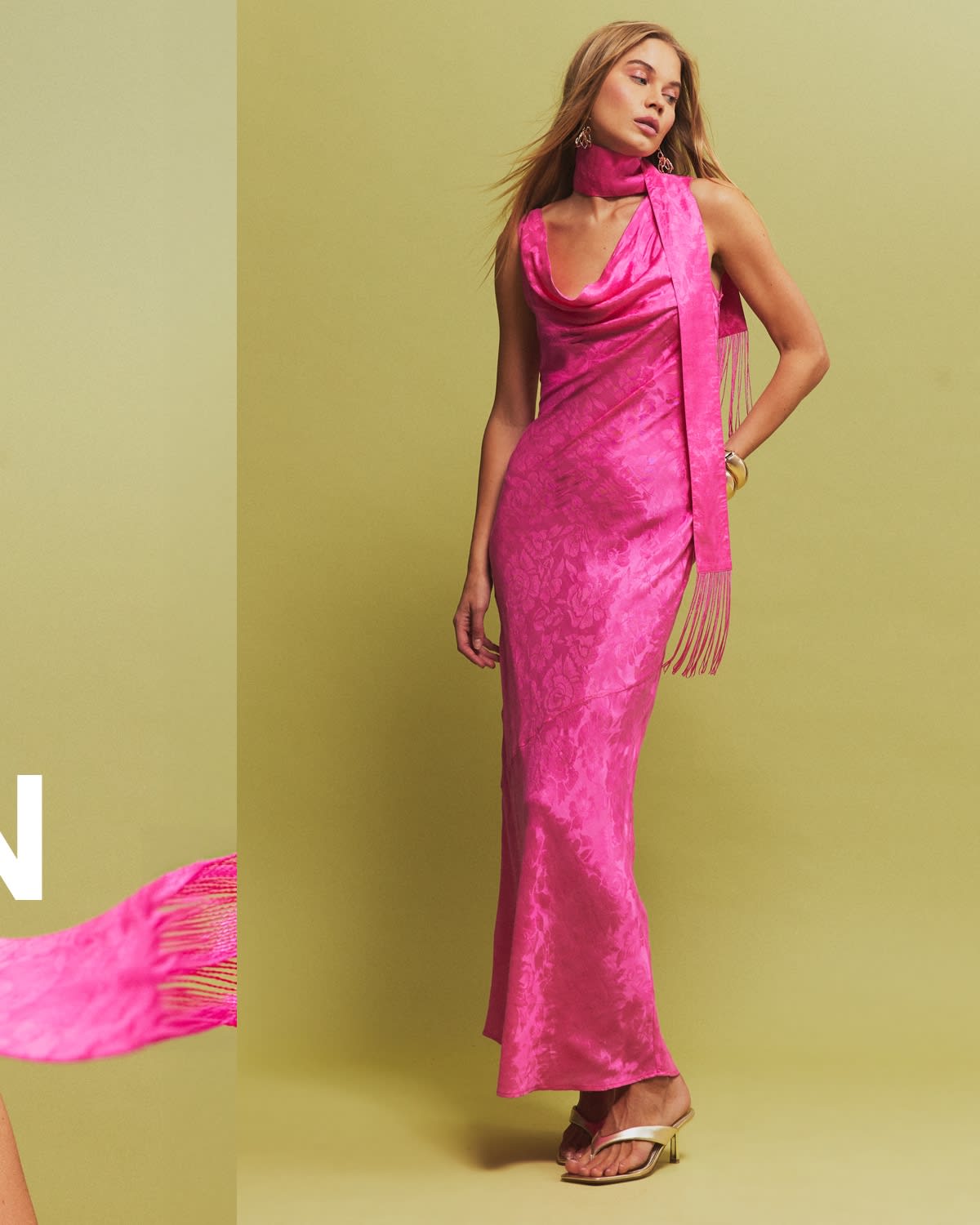 Pink Silk Jacquard Maxi Dress with Cowl Neck and Scarf — Trendy Silk Dresses Outfit