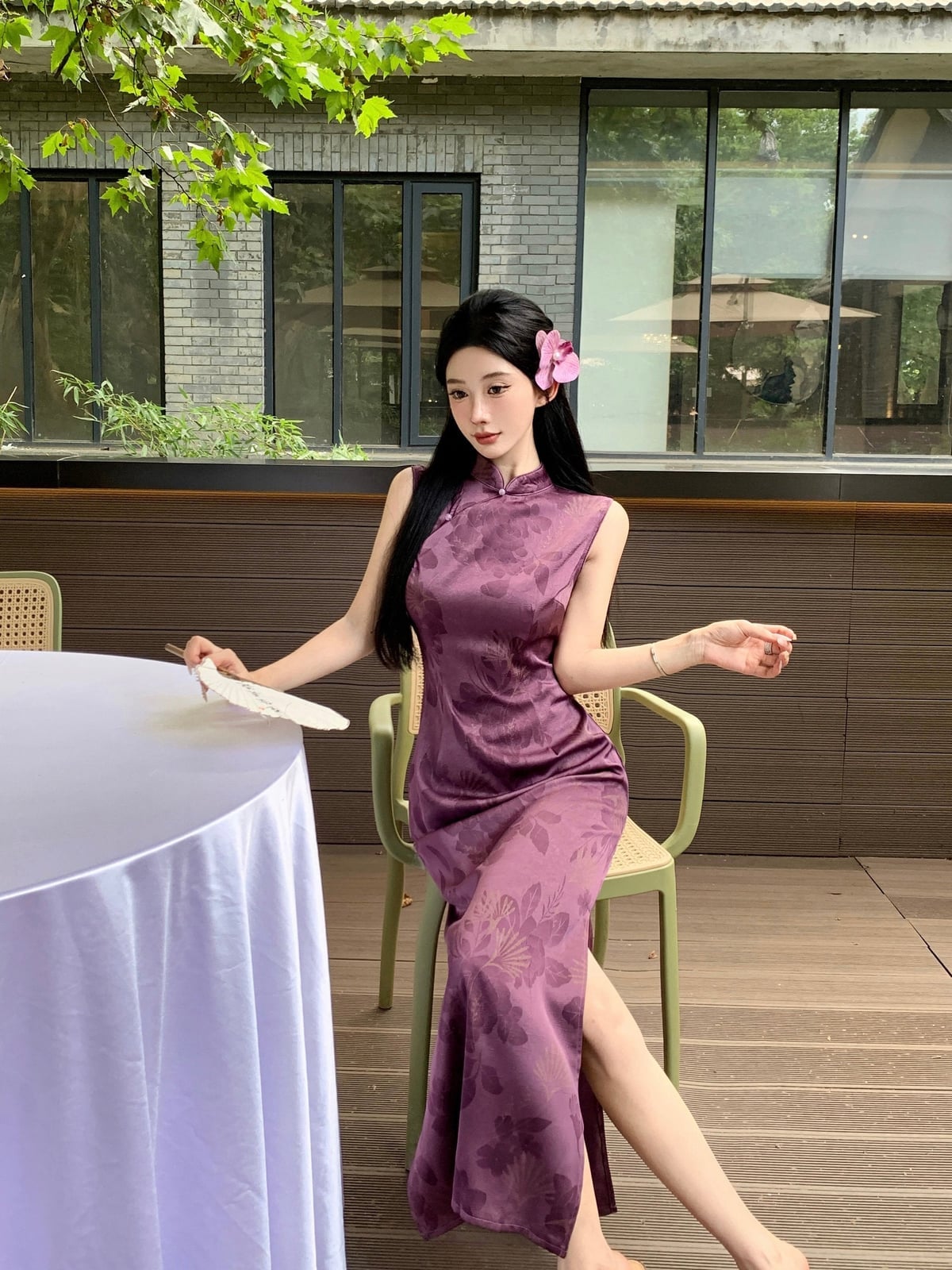 Purple Satin Qipao Dress with High Slit and Mandarin Collar — Trendy Silk Dresses Outfit