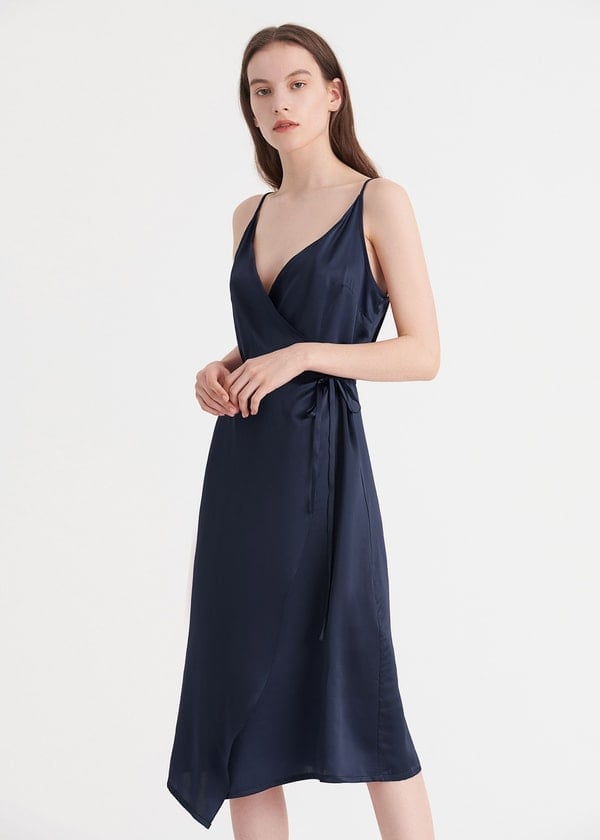 Navy Blue Satin Wrap Dress with Bias Cut Drape — Trendy Silk Dresses Outfit