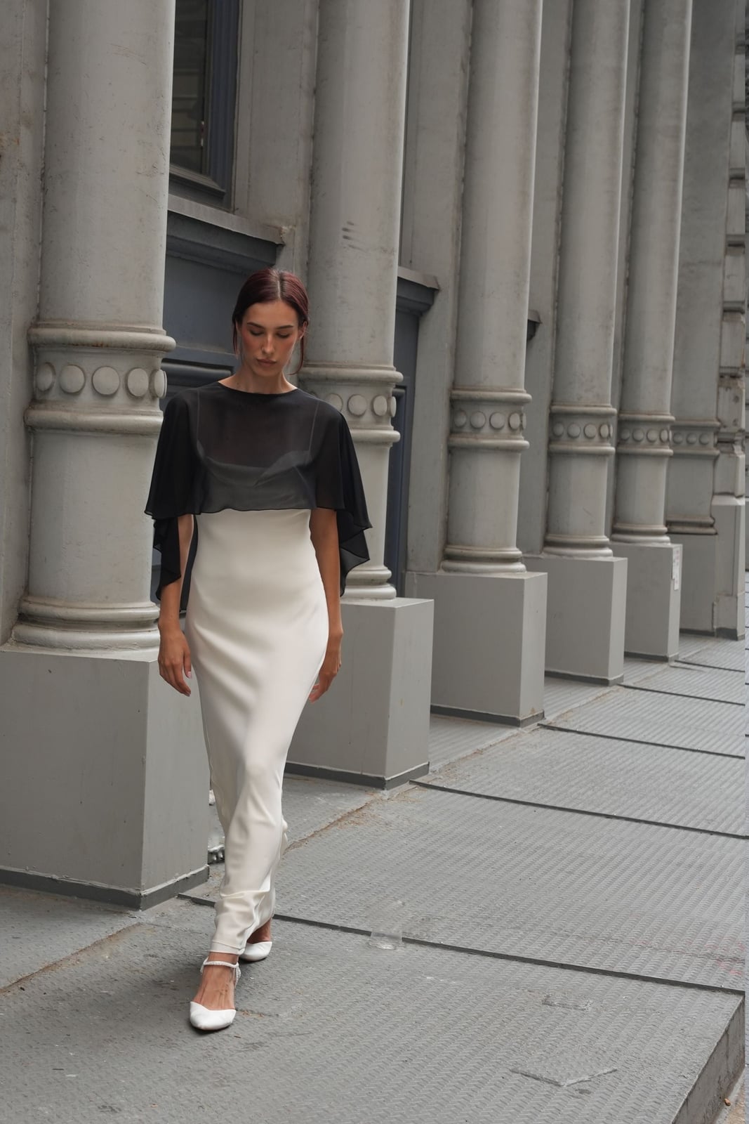 Ivory Silk Dress with Black Sheer Overlay and White Sandals — Trendy Silk Dresses Outfit