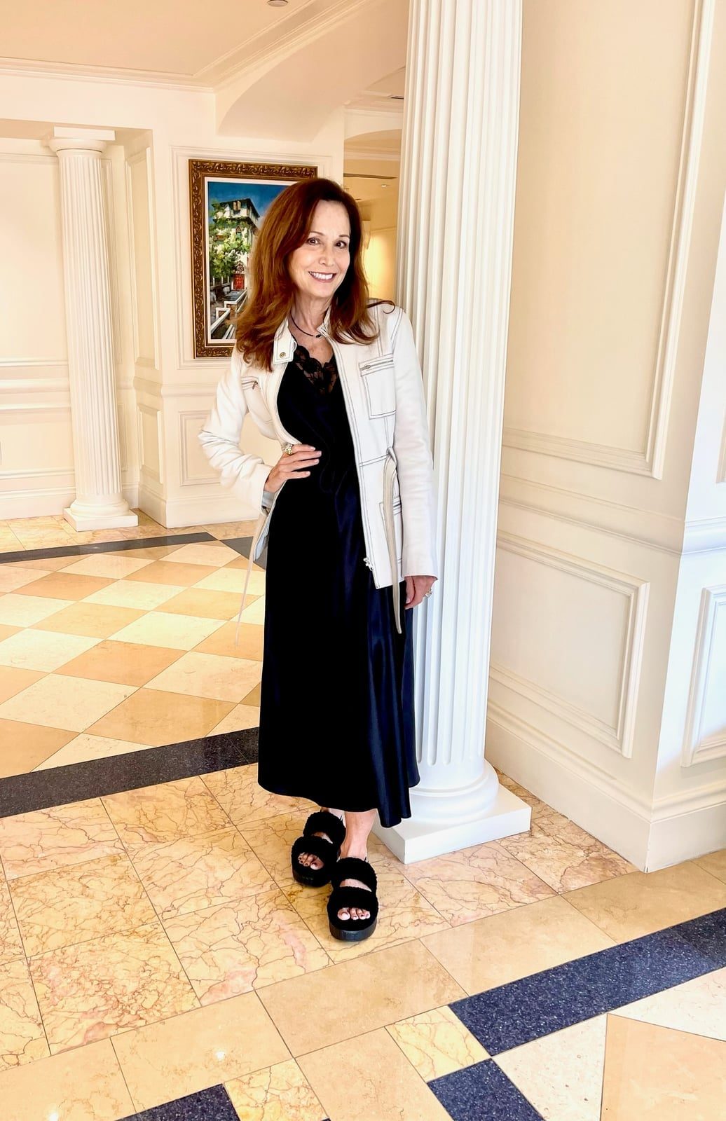 Black Satin Slip Dress with Lace Trim and White Jacket — Trendy Silk Dresses Outfit