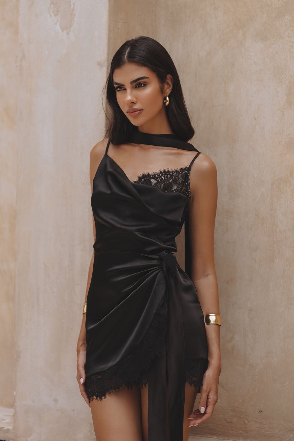 Black Silk Mini Dress with Ruched Detail and Lace Trim — Trendy Silk Dresses Outfit