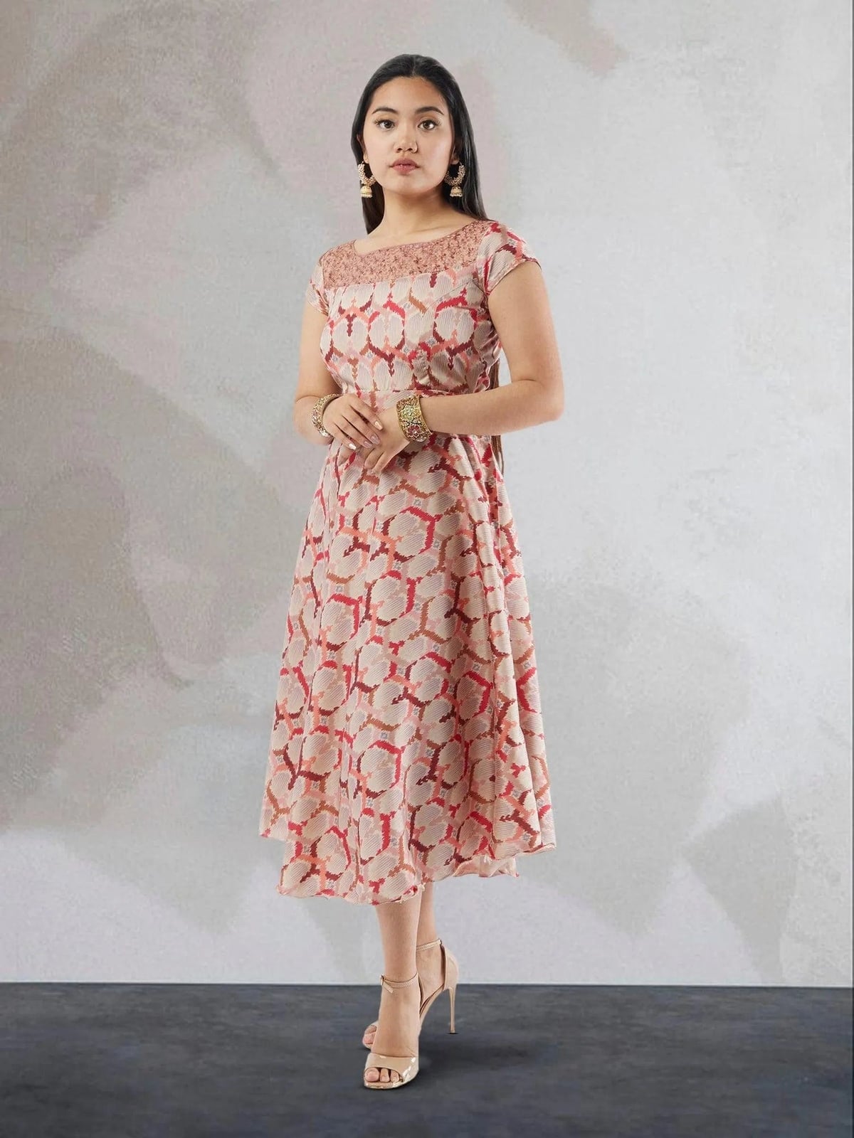 Printed Silk Midi Dress with Cap Sleeves and Lace Trim — Trendy Silk Dresses Outfit