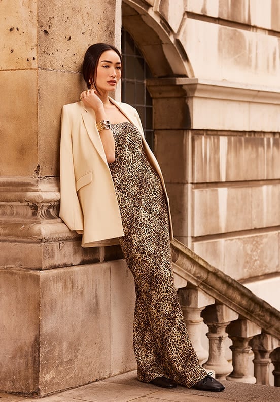 Leopard Print Slip Dress with Draped Blazer and Loafers — Trendy Silk Dresses Outfit