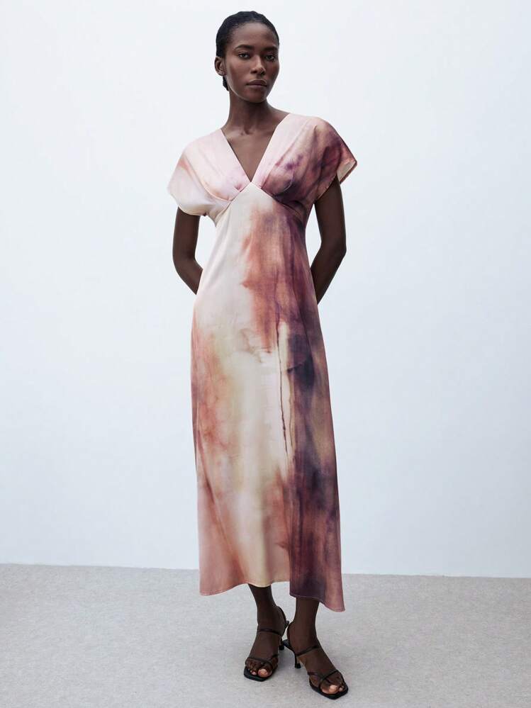 Watercolor Print Silk Midi Dress with V-neck and Heeled Sandals — Trendy Silk Dresses Outfit