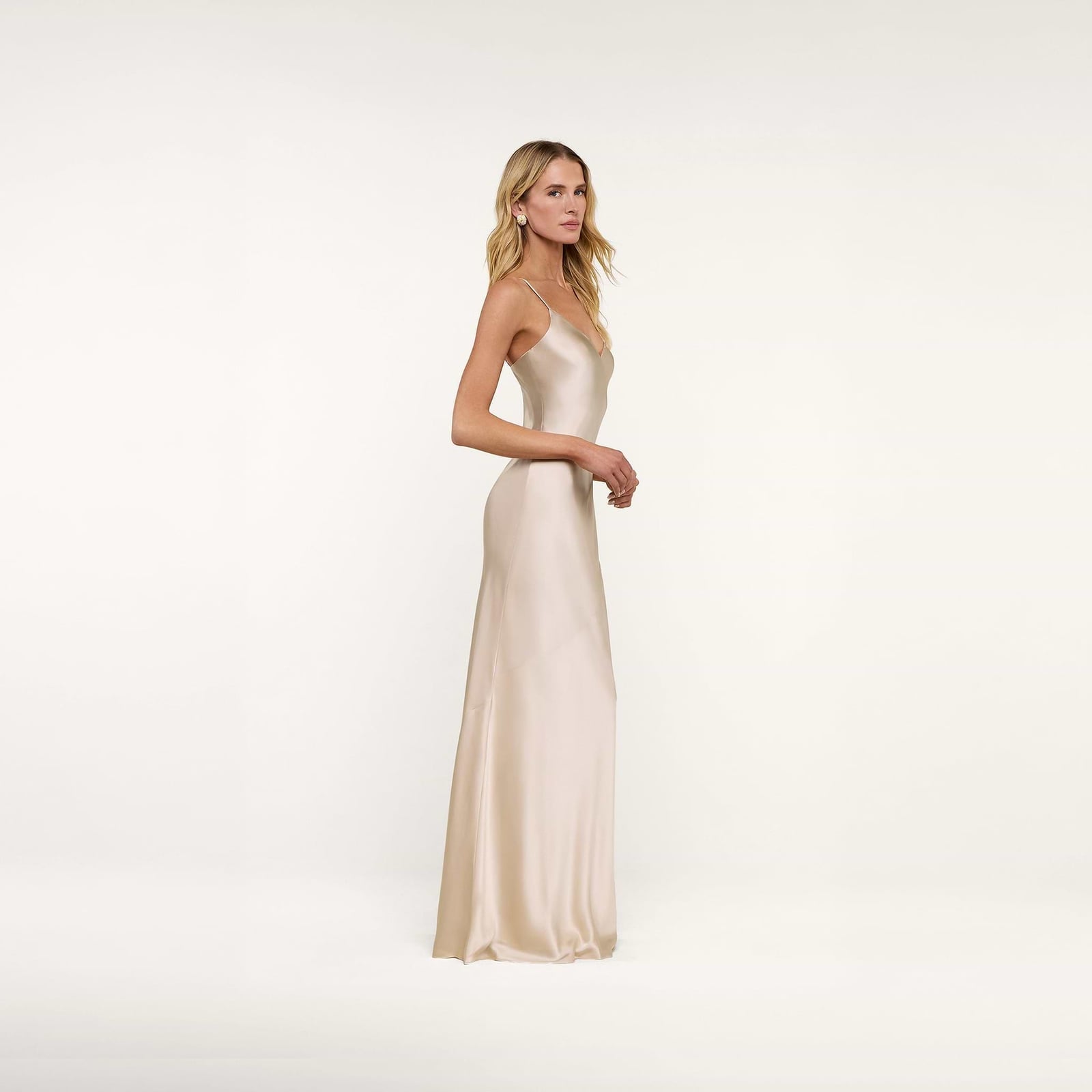 Champagne Satin Maxi Dress with Spaghetti Straps — Trendy Silk Dresses Outfit