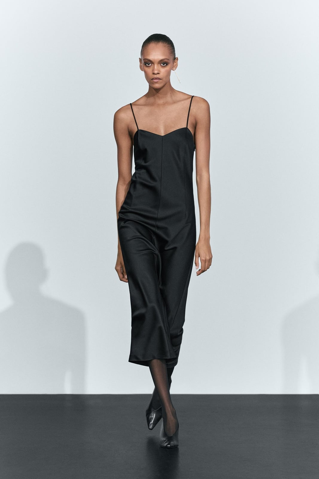 Black Satin Slip Dress with Sweetheart Neckline and Pointed Heels — Trendy Silk Dresses Outfit