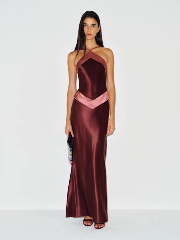 Burgundy Satin Halter Neck Maxi Dress with Pink Neckline Detail — Trendy Silk Dresses Outfit