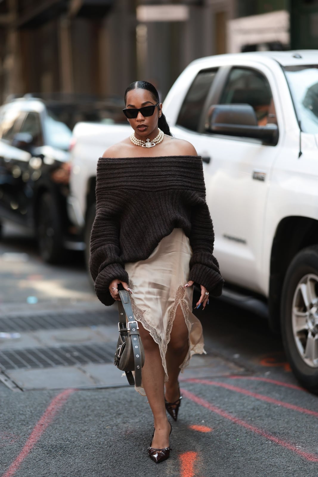 Beige Satin Slip Dress with Oversized Brown Sweater — Trendy Silk Dresses Outfit